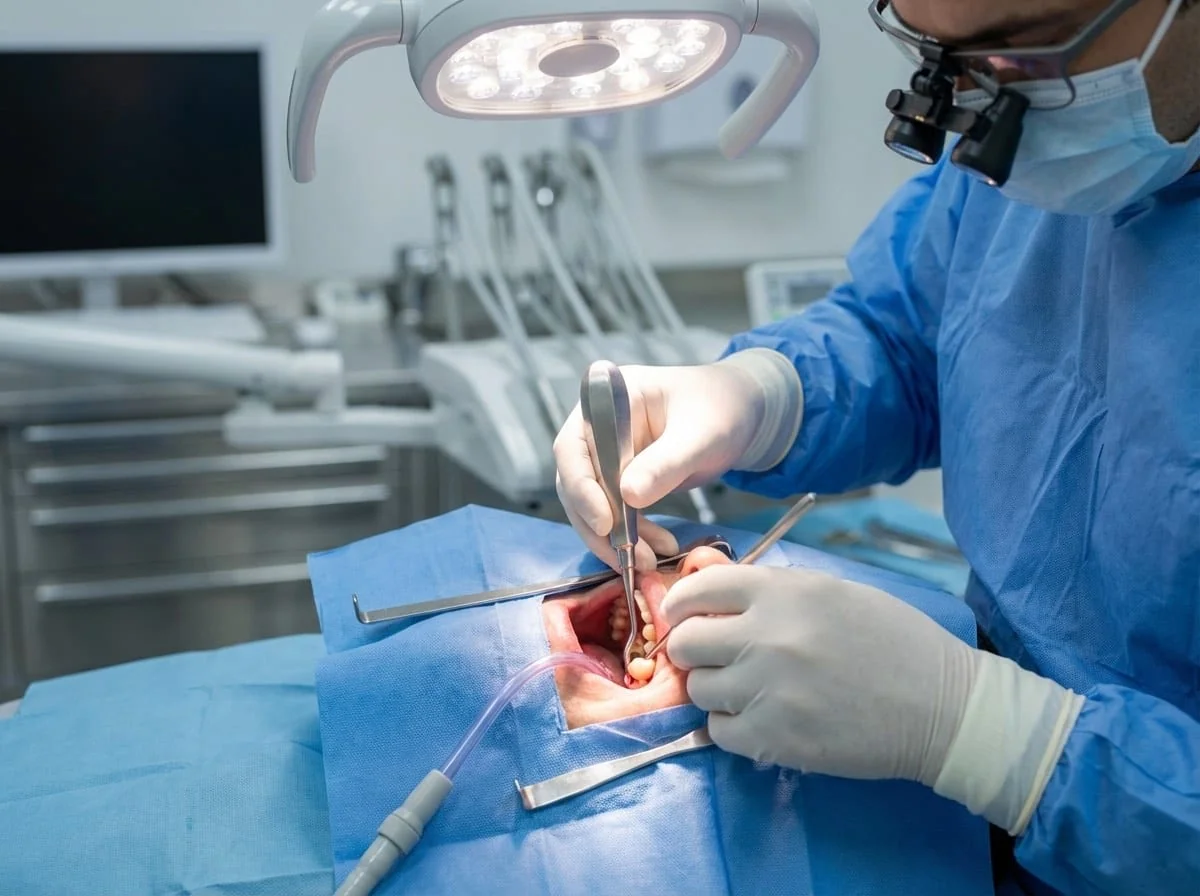 Procédure d'extraction de dent de sagesse incluse : odontectomie chirurgicale sous anesthésie locale