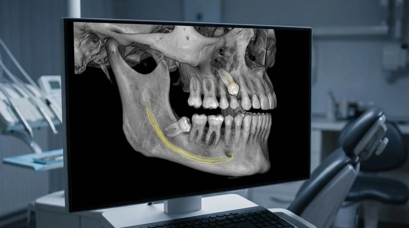 Radiographie panoramique montrant des dents de sagesse incluses inférieures — classification de Winter