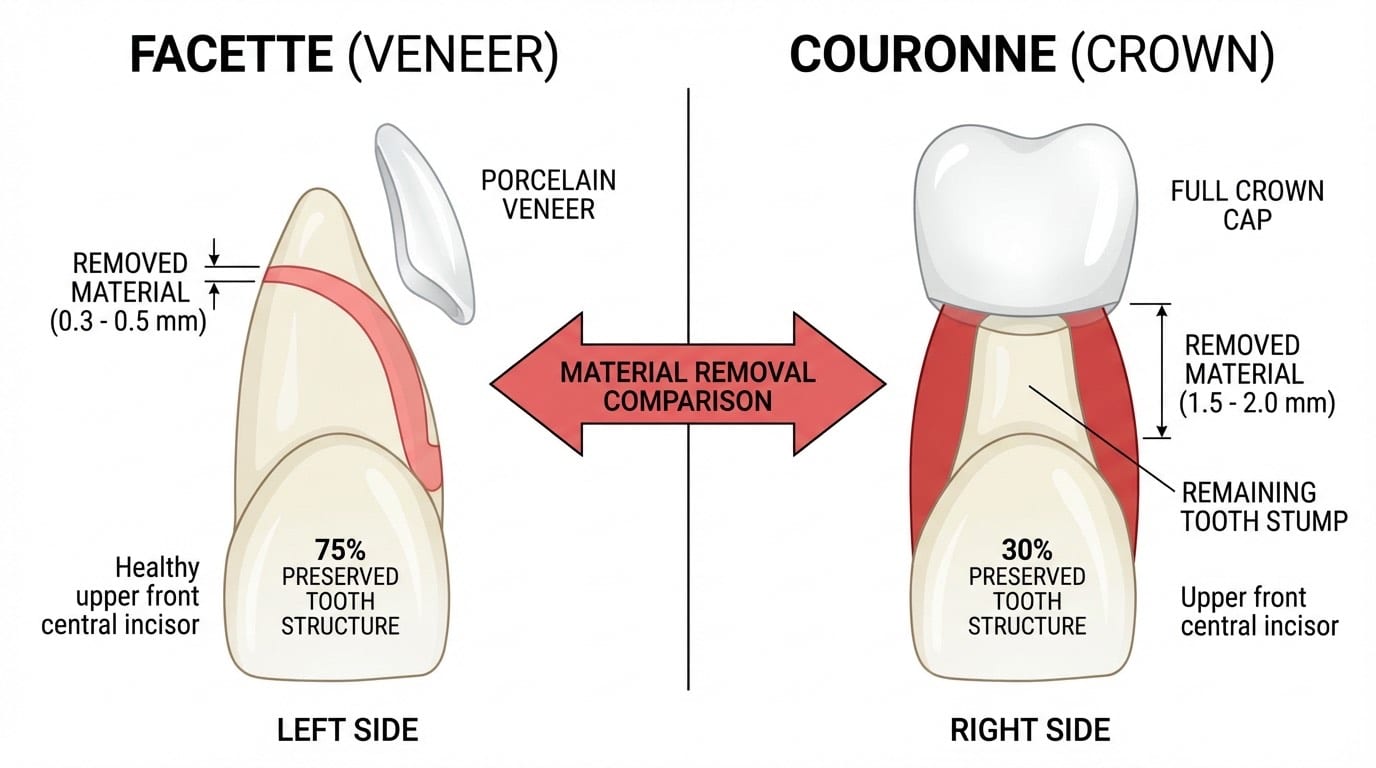 Schéma comparatif facette vs couronne dentaire — épaisseur de limage 0,3-0,5 mm pour facette vs 1,5-2 mm pour couronne, montrant la différence de conservation de la dent naturelle