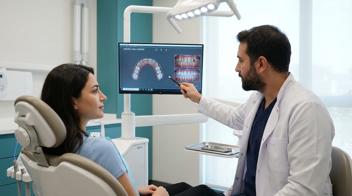 Consultation dentaire esthétique dans une clinique certifiée à Istanbul — le dentiste montre au patient un mock-up de facettes E-Max sur un écran numérique