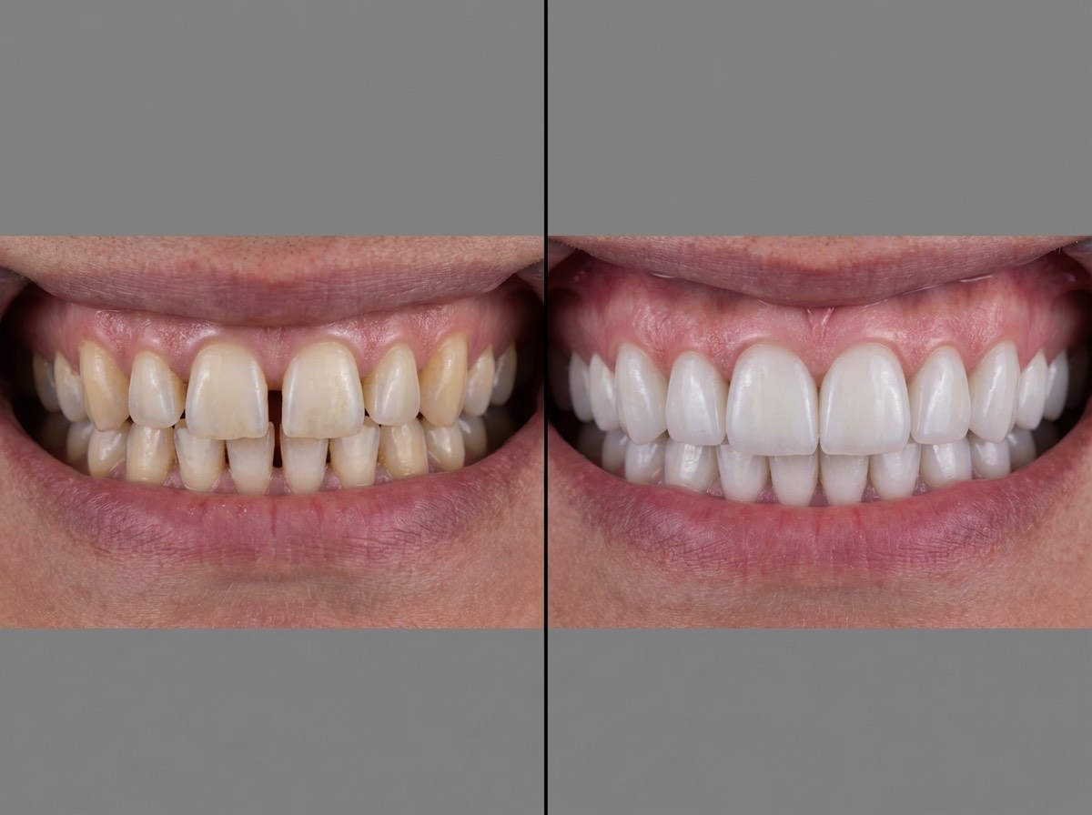 Résultat avant/après facettes E-Max — Renaissance Clinique Istanbul Avant et après la pose de facettes dentaires E-Max : transformation du sourire avec correction de la couleur, de l'alignement et des espaces