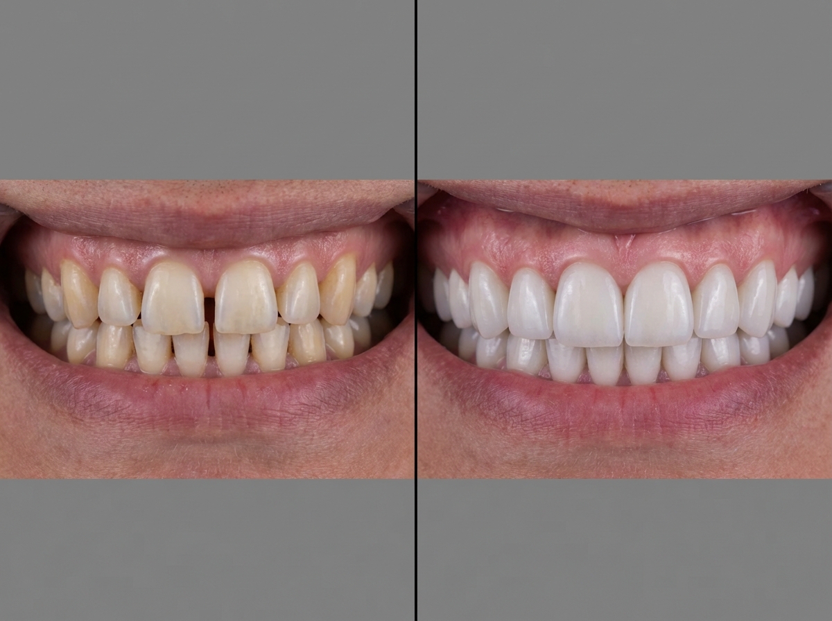 Avant et après la pose de facettes dentaires E-Max : transformation du sourire avec correction de la couleur, de l'alignement et des espaces