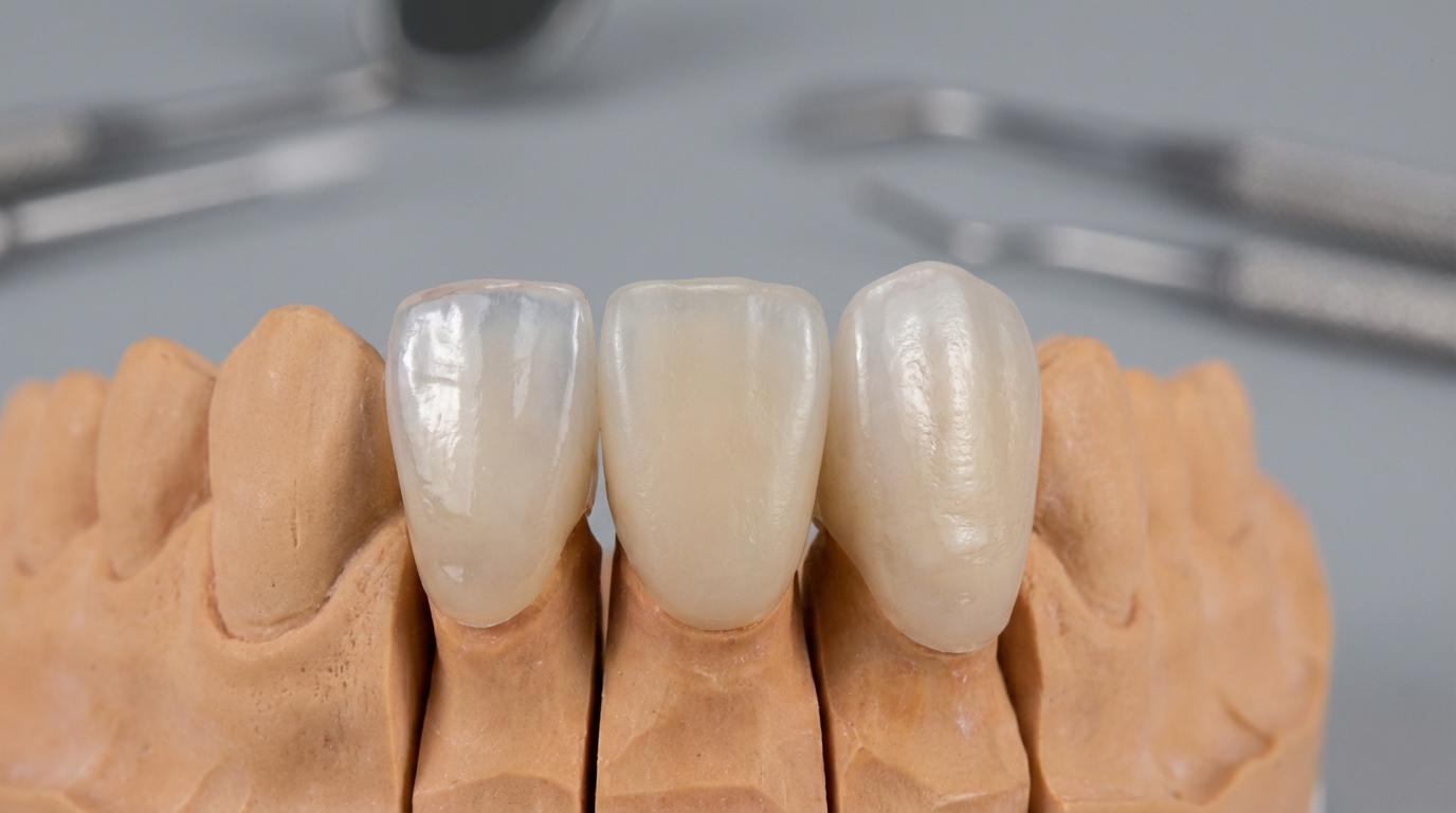 Comparatif visuel des trois types de facettes dentaires : E-Max en céramique, composite et porcelaine feldspathique