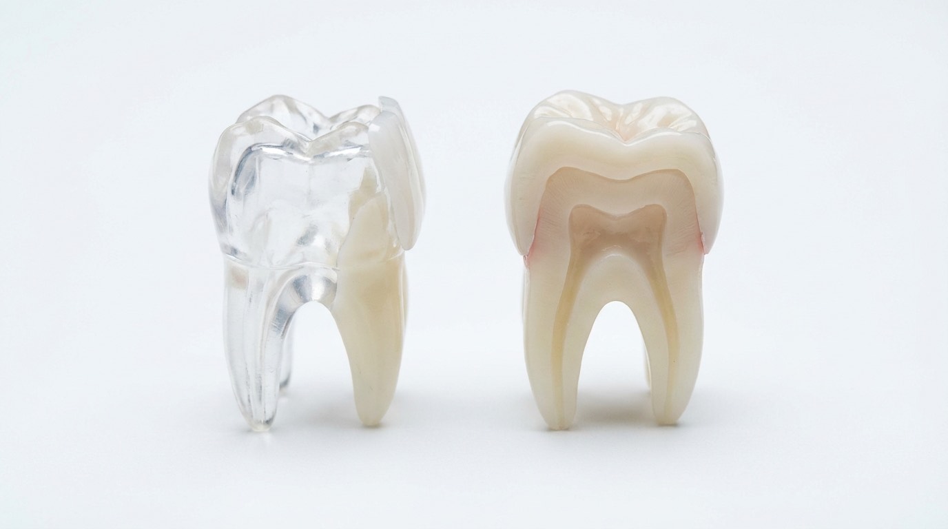 Comparaison visuelle entre une facette dentaire et une couronne dentaire : coupe transversale