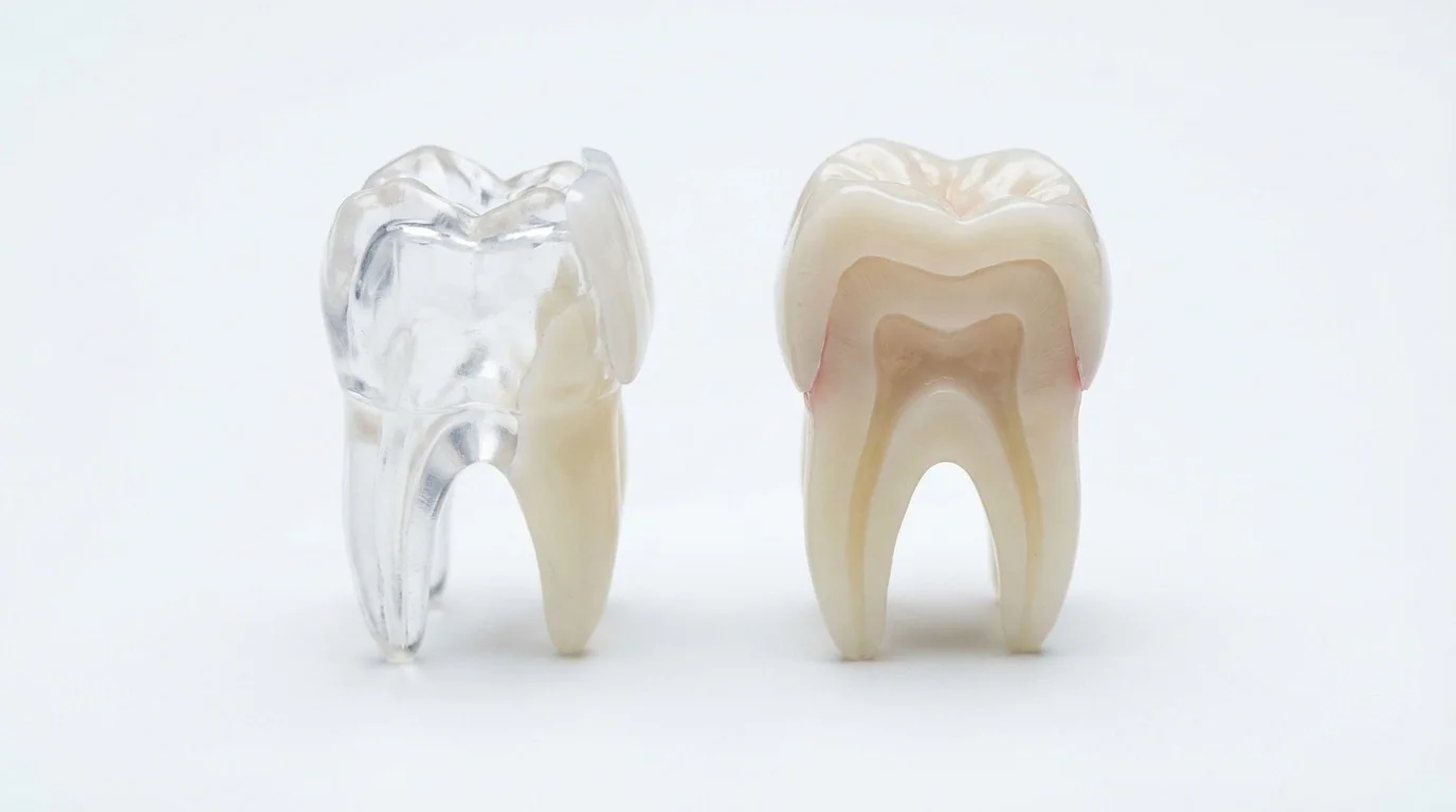 Comparaison visuelle entre une facette dentaire et une couronne dentaire : coupe transversale