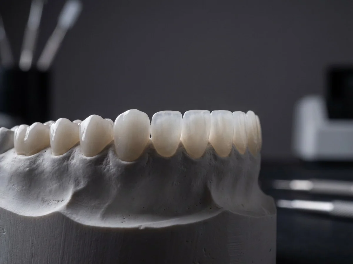 Matériaux pour Hollywood Smile : facettes E-Max et zircone sur modèle dentaire