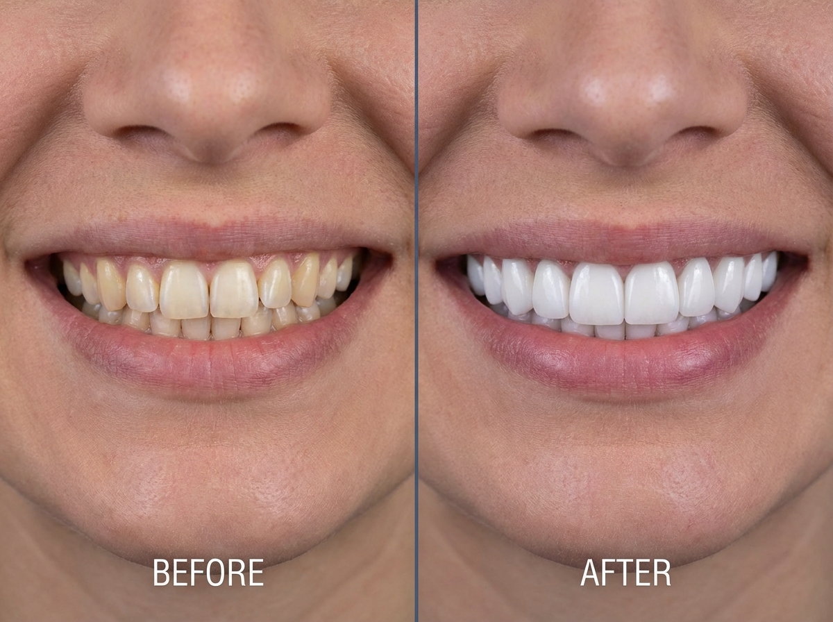 Résultat avant/après Hollywood Smile — transformation complète du sourire avec facettes E-Max : dents jaunies et irrégulières transformées en sourire blanc et symétrique