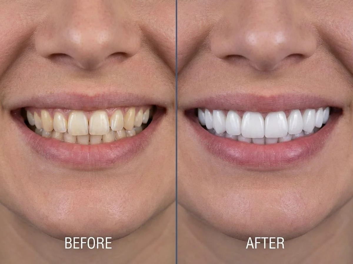 Hollywood Smile avant/après : résultat réel avec facettes E-Max | Renaissance Clinique Résultat avant/après Hollywood Smile — transformation complète du sourire avec facettes E-Max : dents jaunies et irrégulières transformées en sourire blanc et symétrique