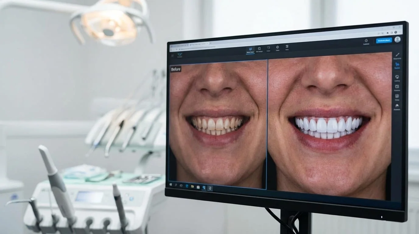 Digital Smile Design : simulation numérique du Hollywood Smile | Renaissance Clinique Istanbul Interface du logiciel Digital Smile Design montrant la simulation avant/après du Hollywood Smile — conception numérique du sourire sur écran dans une clinique dentaire à Istanbul