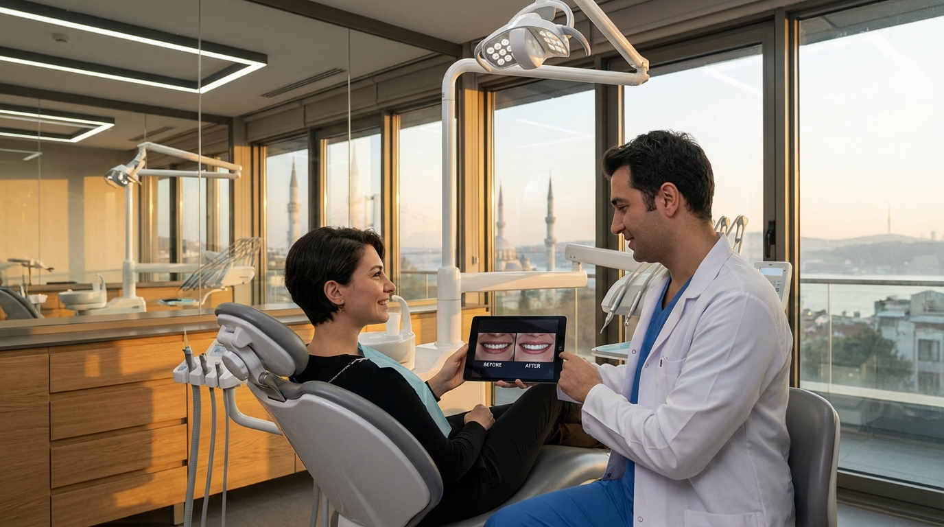 Consultation Hollywood Smile dans une clinique dentaire moderne à Istanbul — simulation Digital Smile Design sur tablette avec vue panoramique sur Istanbul