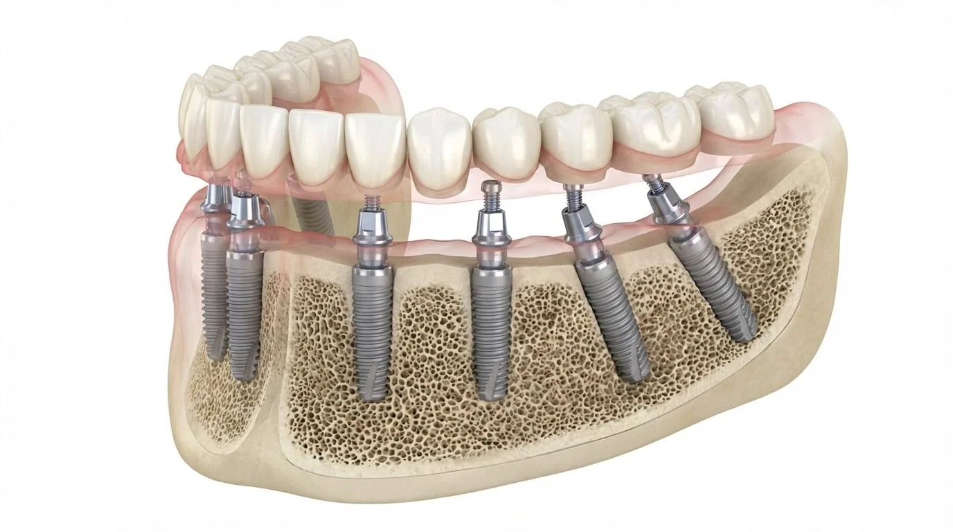 Anatomie du All-on-6 : 6 implants dans la mâchoire avec pont zircone complet