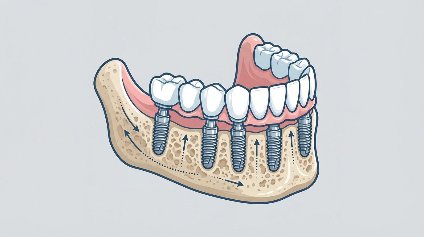 Schéma comparatif implant basal ancré dans l'os cortical vs implant conventionnel dans l'os spongieux