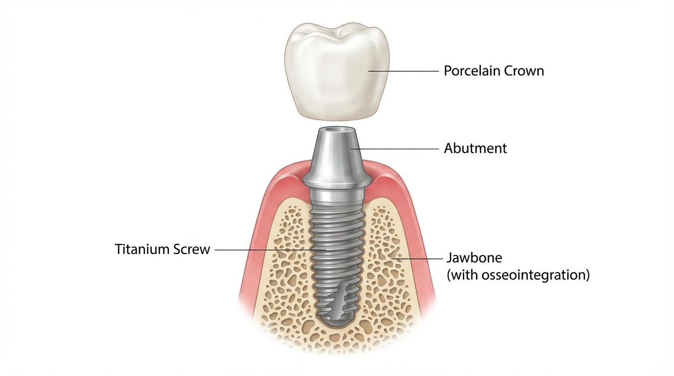 Anatomie d'un implant dentaire : vis en titane dans l'os, pilier et couronne en céramique — schéma en coupe
