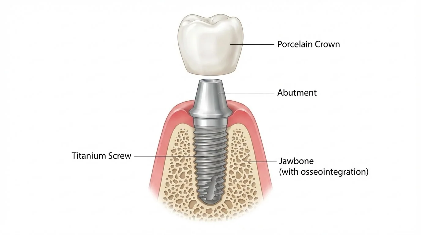 Anatomie d'un implant dentaire — Structure complète | Renaissance Clinique Istanbul Anatomie d'un implant dentaire : vis en titane dans l'os, pilier et couronne en céramique — schéma en coupe