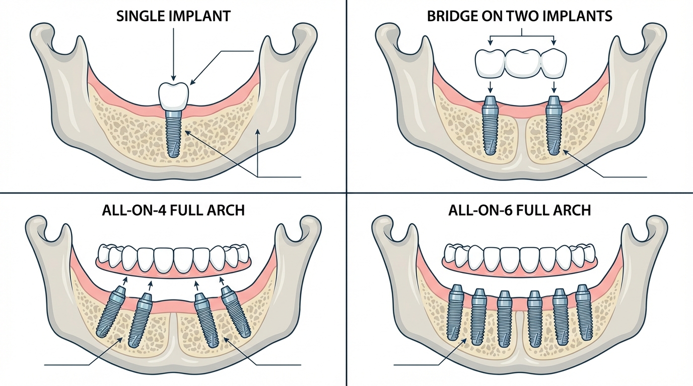 Comparatif visuel des protocoles implantaires : implant unitaire, bridge sur implants, All-on-4 et All-on-6