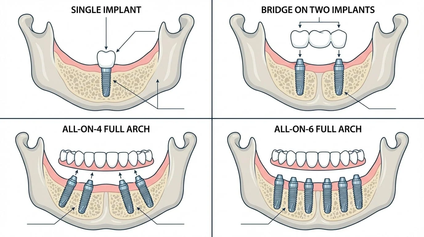 Types d'implants dentaires — Comparatif des protocoles | Renaissance Clinique Comparatif visuel des protocoles implantaires : implant unitaire, bridge sur implants, All-on-4 et All-on-6