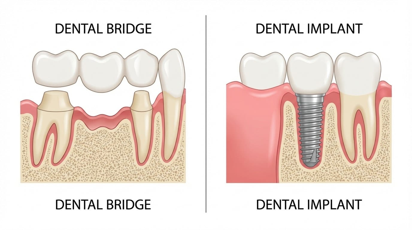 Anatomie implant vs bridge — Impact sur l'os | Renaissance Clinique Anatomie comparée implant vs bridge : coupe transversale montrant la préservation osseuse et l'impact sur les dents adjacentes