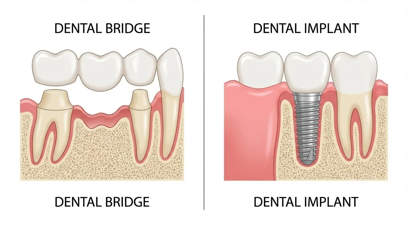 Anatomie comparée implant vs bridge : coupe transversale montrant la préservation osseuse et l'impact sur les dents adjacentes