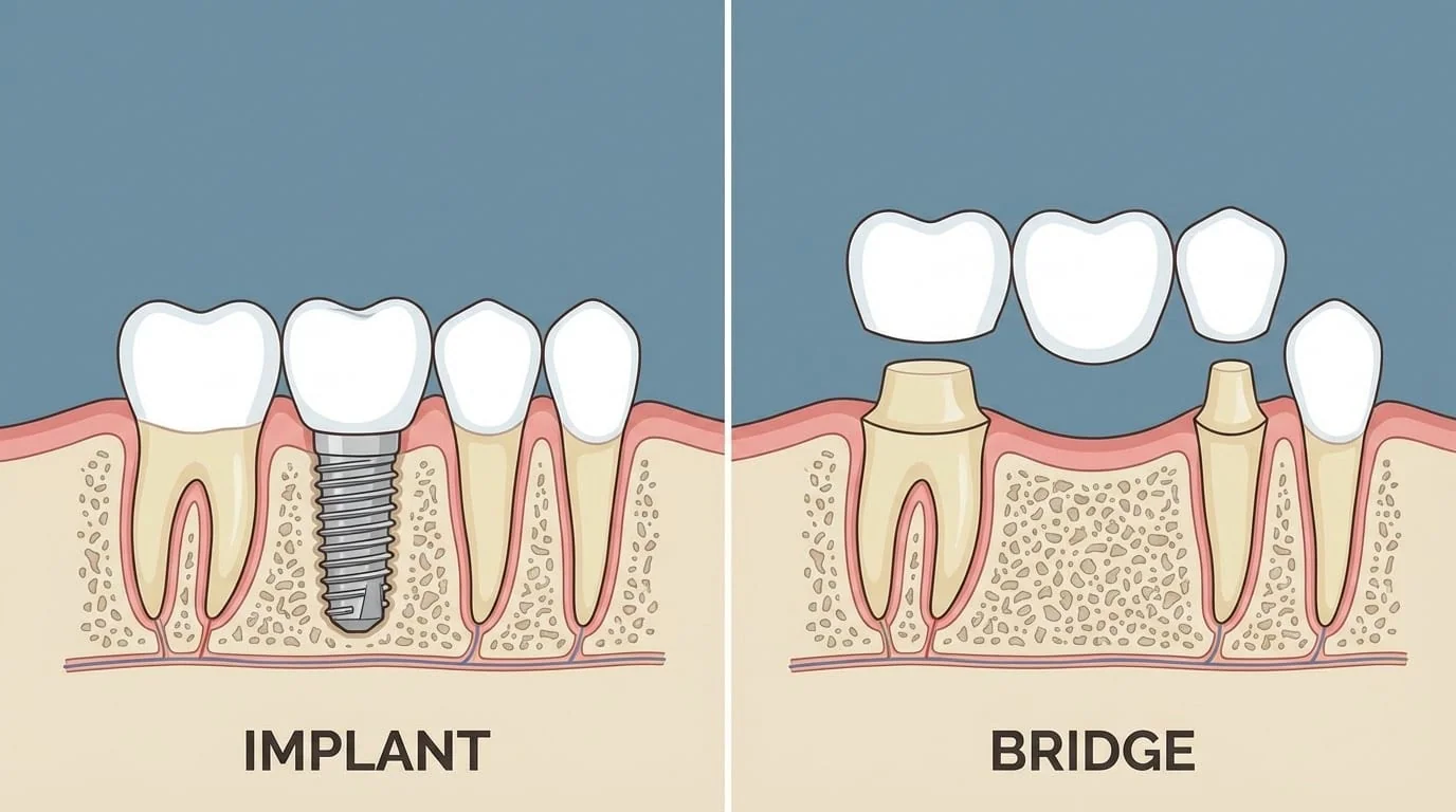 Implant vs bridge dentaire : comparaison complète pour remplacer une dent manquante