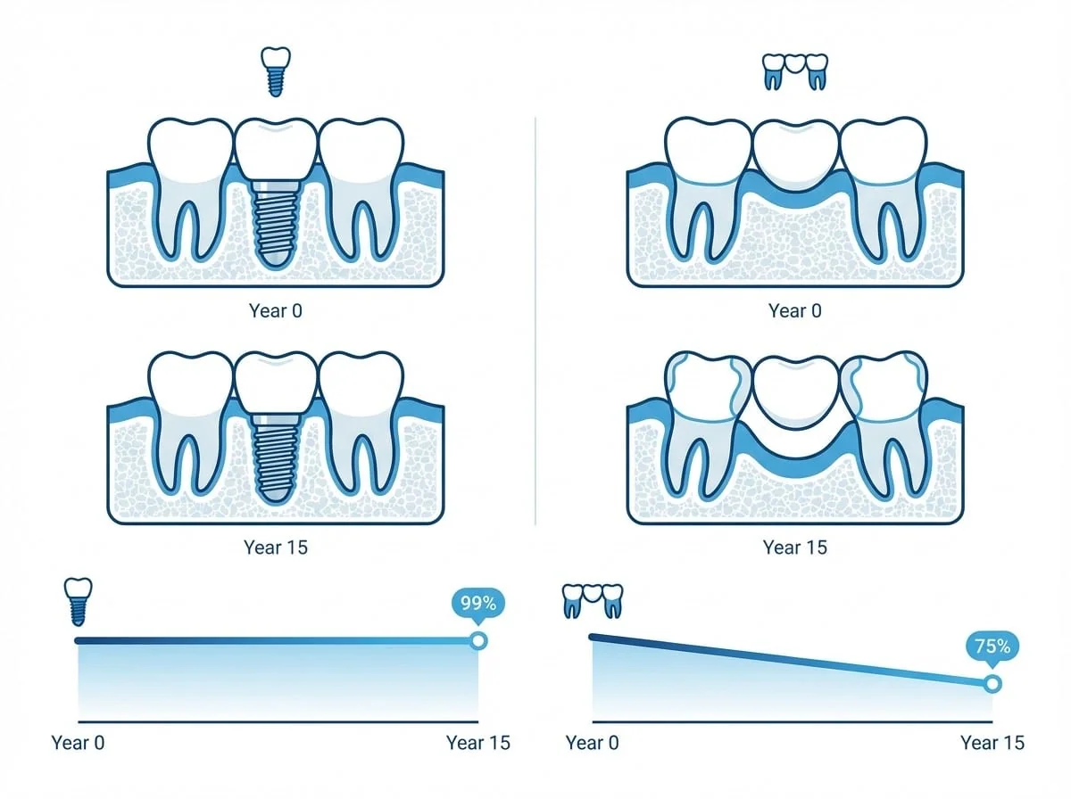 Longévité implant vs bridge : graphique de survie sur 20 ans — implant 95% vs bridge 70%