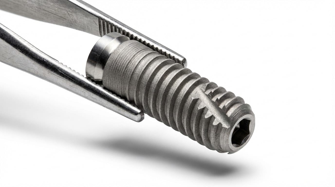 Implant dentaire en titane — vue macro du filetage | Renaissance Clinique Macro-photographie d'une vis d'implant dentaire en titane grade 4 : filetage de précision, surface traitée SLA pour ostéointégration optimale