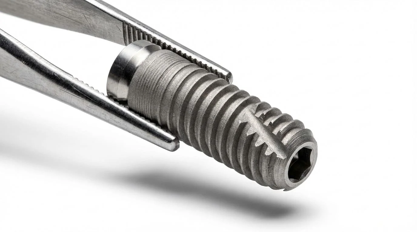 Implant dentaire en titane — vue macro du filetage | Renaissance Clinique Macro-photographie d'une vis d'implant dentaire en titane grade 4 : filetage de précision, surface traitée SLA pour ostéointégration optimale