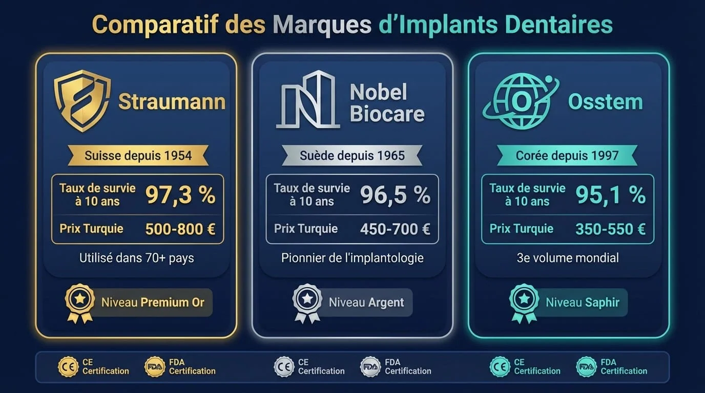 Comparaison marques implants : Straumann vs Nobel Biocare vs Osstem | Renaissance Clinique Infographie comparative des trois marques d'implants dentaires — Straumann (Suisse), Nobel Biocare (Suède) et Osstem (Corée du Sud) avec certifications CE et FDA