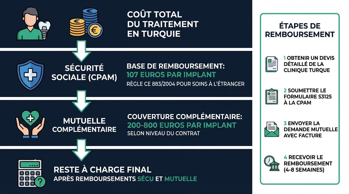 Remboursement implants dentaires Turquie — Sécu et mutuelle | Renaissance Clinique Infographie du remboursement des implants dentaires : Sécurité sociale, mutuelle complémentaire et règlement européen CE 883/2004