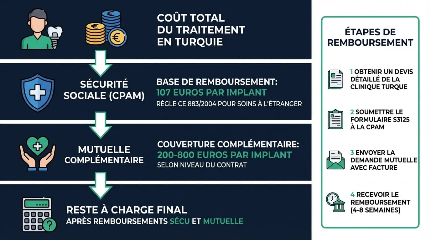 Remboursement implants dentaires Turquie — Sécu et mutuelle | Renaissance Clinique Infographie du remboursement des implants dentaires : Sécurité sociale, mutuelle complémentaire et règlement européen CE 883/2004