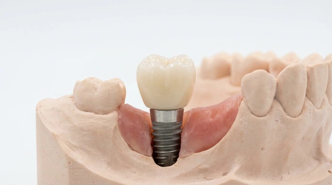 Implant dentaire en zircone blanche tenu par un dentiste dans une clinique moderne à Istanbul