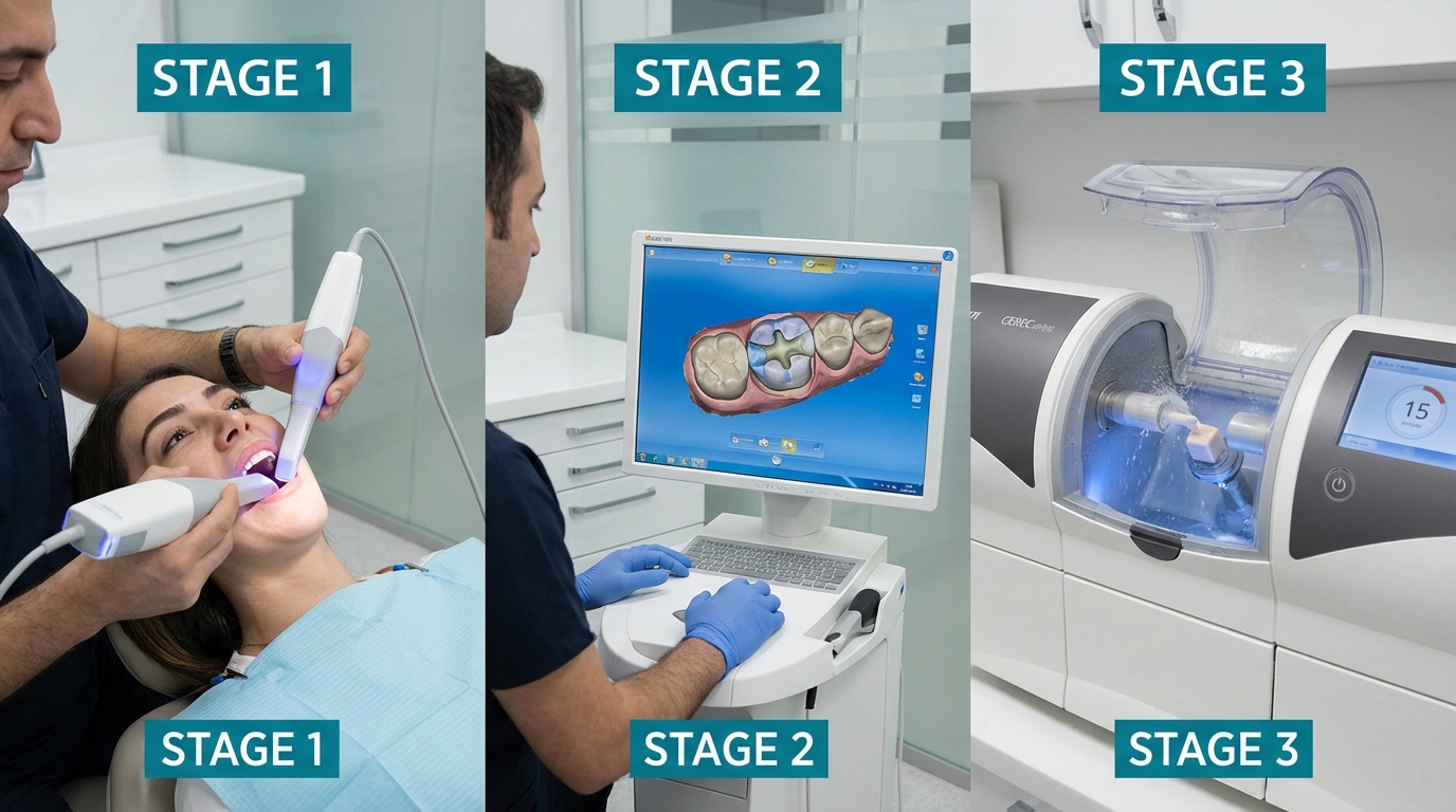 Technologie CEREC CAD/CAM pour inlay et onlay céramique : empreinte optique 3D, conception numérique et usinage en une séance
