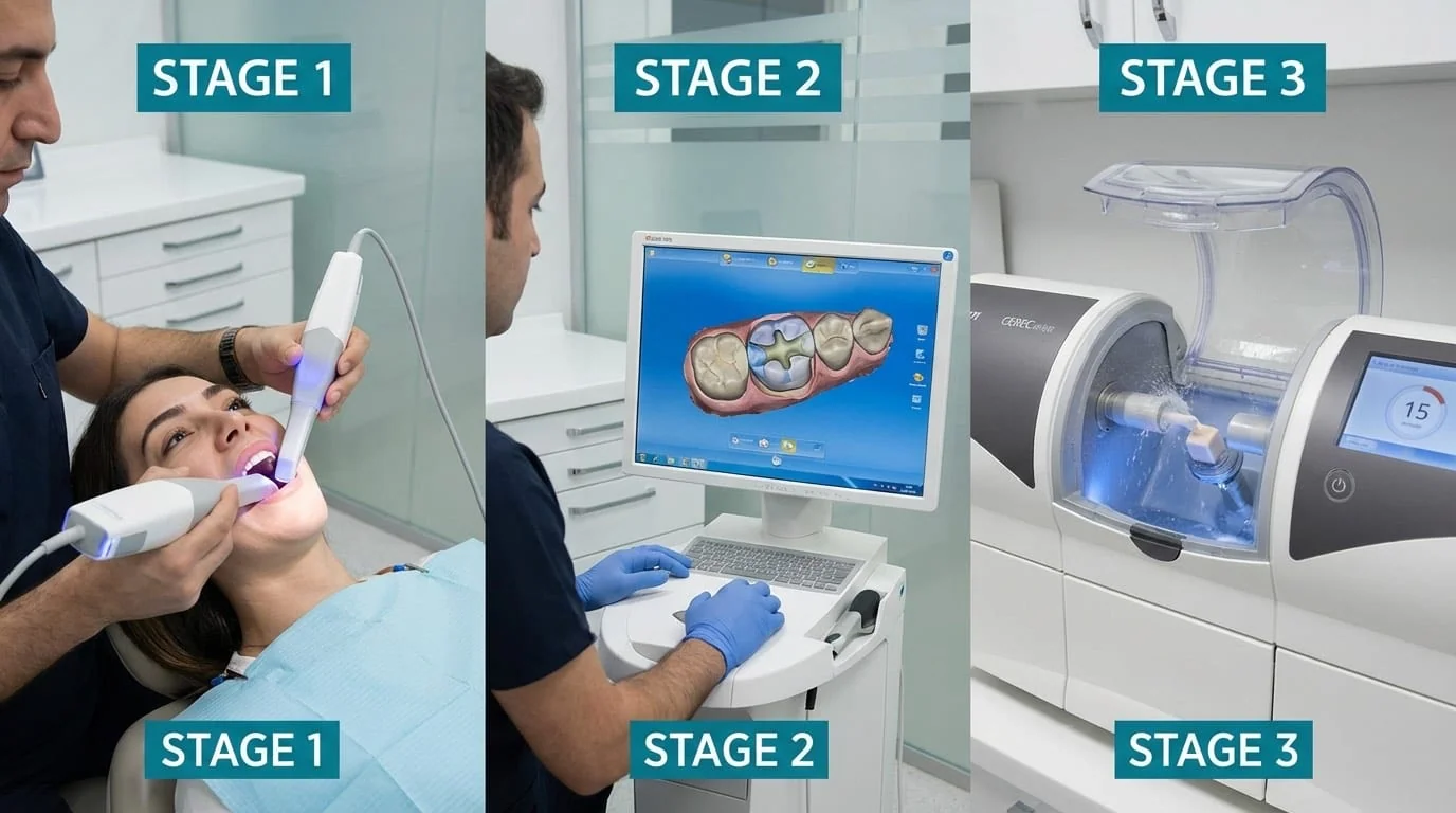 Technologie CEREC CAD/CAM pour inlay et onlay céramique : empreinte optique 3D, conception numérique et usinage en une séance
