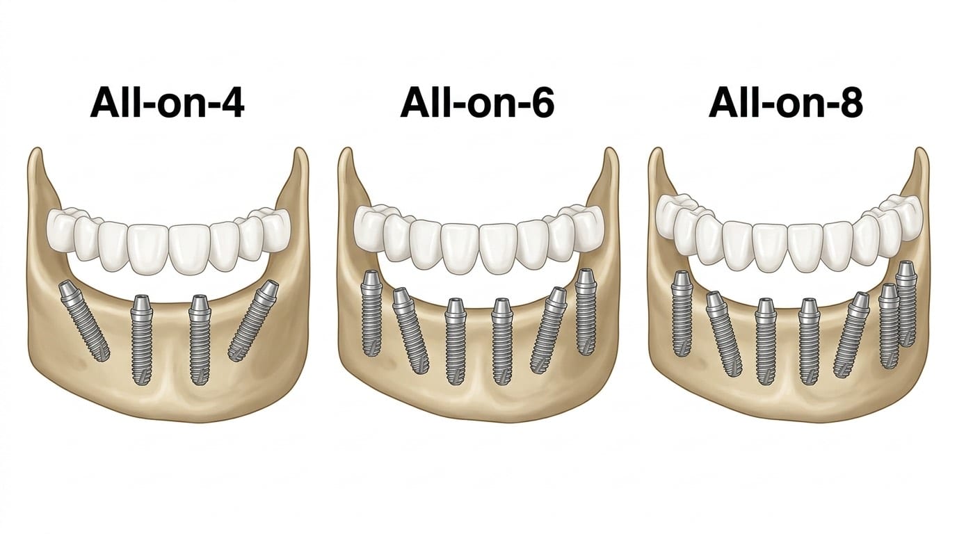 Diagramme médical comparant All-on-4, All-on-6 et All-on-8 : placement des implants dans la mâchoire, répartition des forces et prothèse fixe