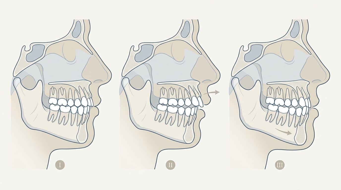 Types malocclusions dentaires — Classification Angle | Renaissance Clinique Types de malocclusions dentaires : classe I, II (décalage maxillaire), III (prognathisme) selon Angle