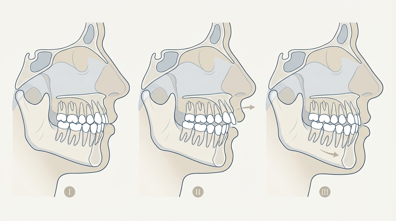 Types de malocclusions dentaires : classe I, II (décalage maxillaire), III (prognathisme) selon Angle