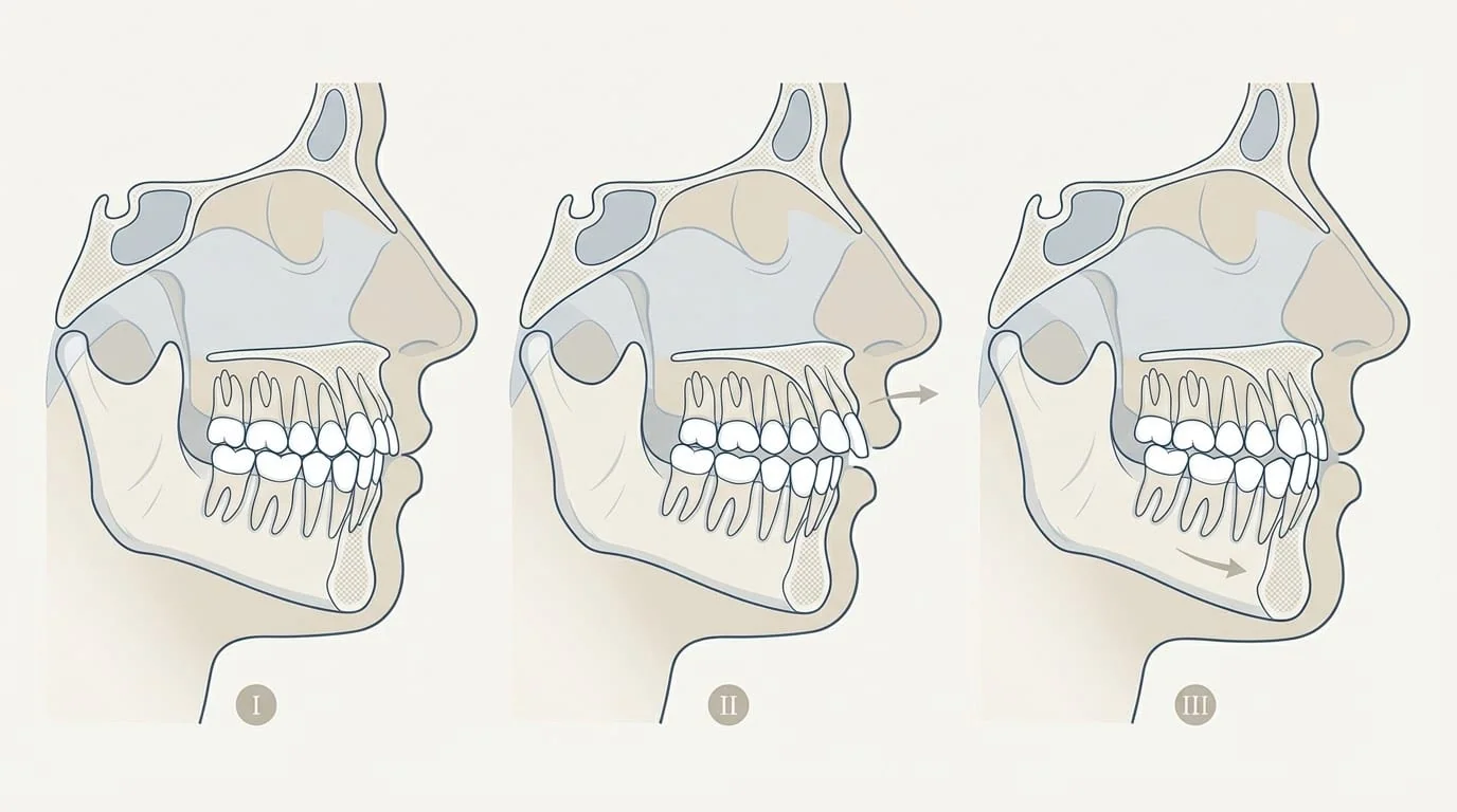 Types malocclusions dentaires — Classification Angle | Renaissance Clinique Types de malocclusions dentaires : classe I, II (décalage maxillaire), III (prognathisme) selon Angle