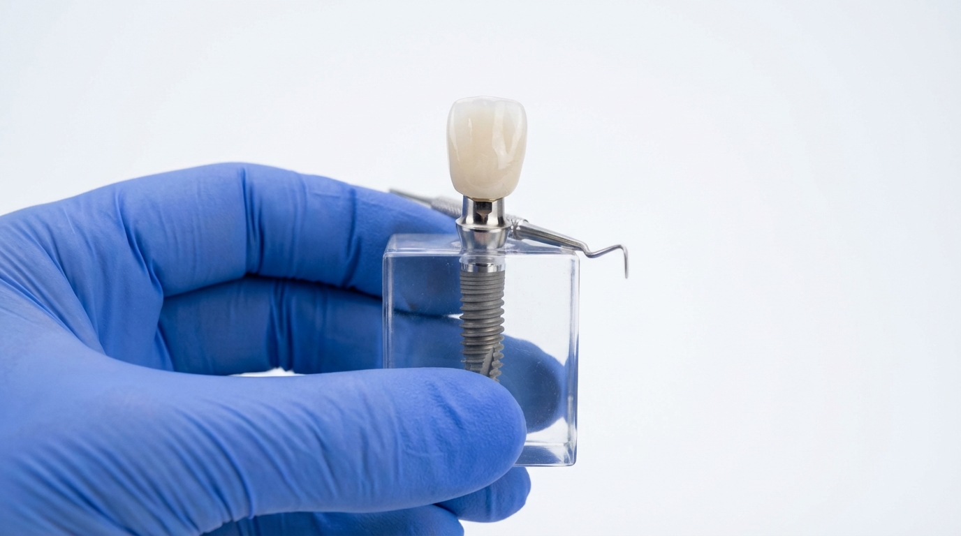 Modèle d'implant dentaire : vis en titane, pilier et couronne zircone — prix implant Turquie 2026