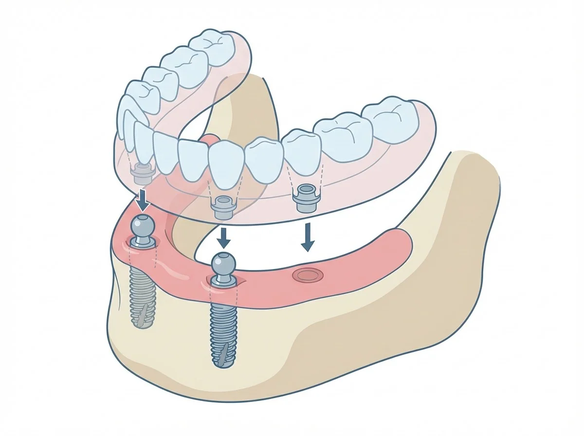 Overdenture sur implants — Prothèse stabilisée | Renaissance Clinique Overdenture sur implants : prothèse amovible stabilisée par 2-4 implants pour une rétention optimale