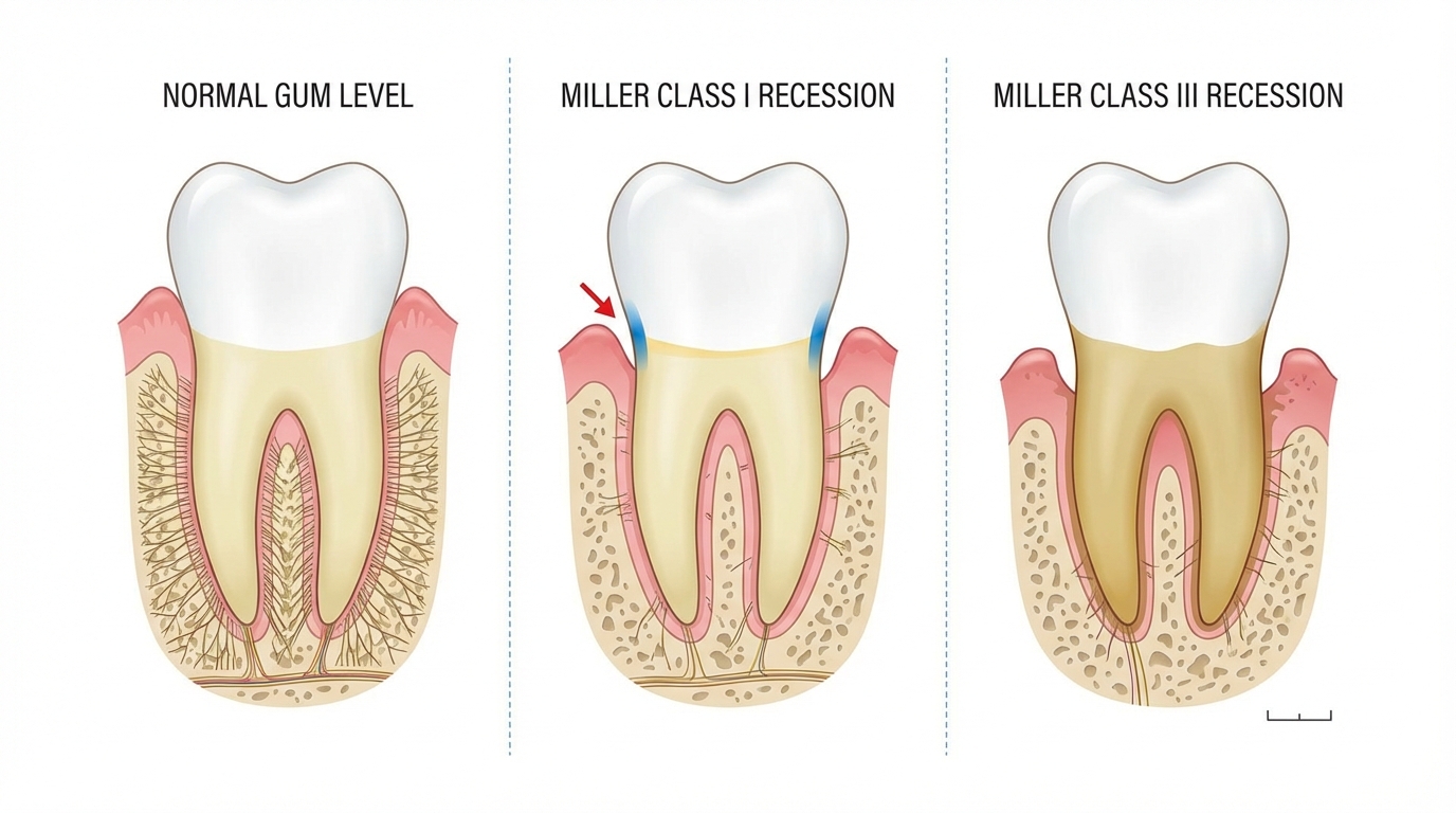 Anatomie de la récession gingivale : exposition de la racine dentaire et classification de Miller