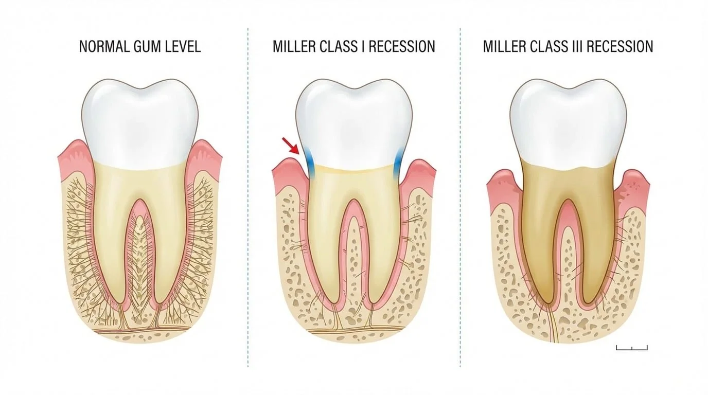 Anatomie de la récession gingivale : exposition de la racine dentaire et classification de Miller