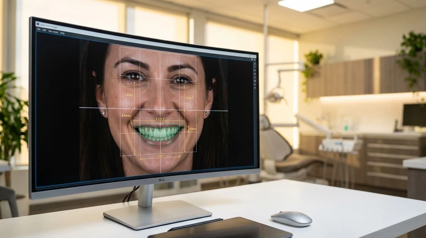 Digital Smile Design sur grand écran montrant la simulation du sourire avant et après facettes E-Max dans une clinique dentaire moderne