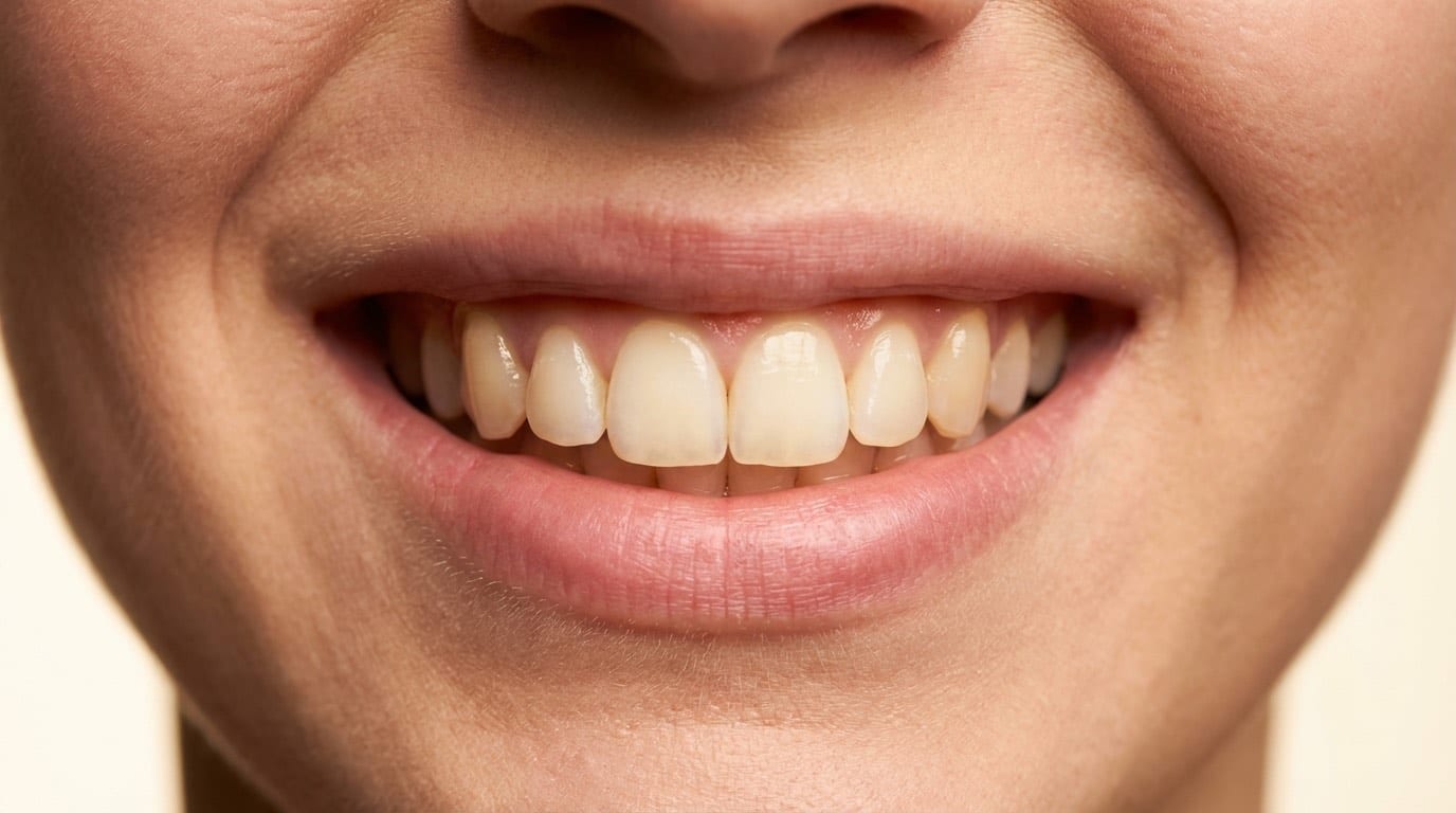 Gros plan d'un sourire naturel parfait avec des dents parfaitement alignées et blanches — résultat de facettes E-Max posées à Istanbul