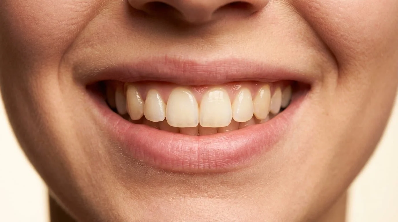 Gros plan d'un sourire naturel parfait avec des dents parfaitement alignées et blanches — résultat de facettes E-Max posées à Istanbul