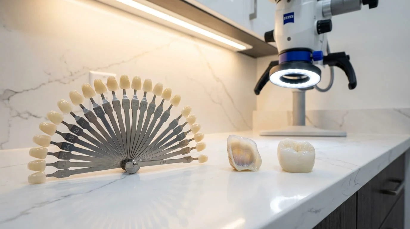 Laboratoire dentaire avec échantillons de céramique E-Max et zircone — guide de teintes et matériaux certifiés CE sur présentoir