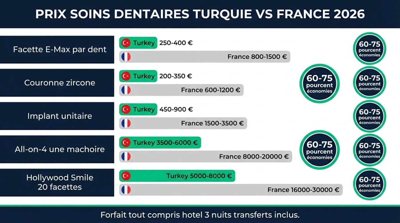 Infographie comparant les prix dentaires Turquie vs France pour facettes E-Max, couronnes zircone, implants, All-on-4, Hollywood Smile