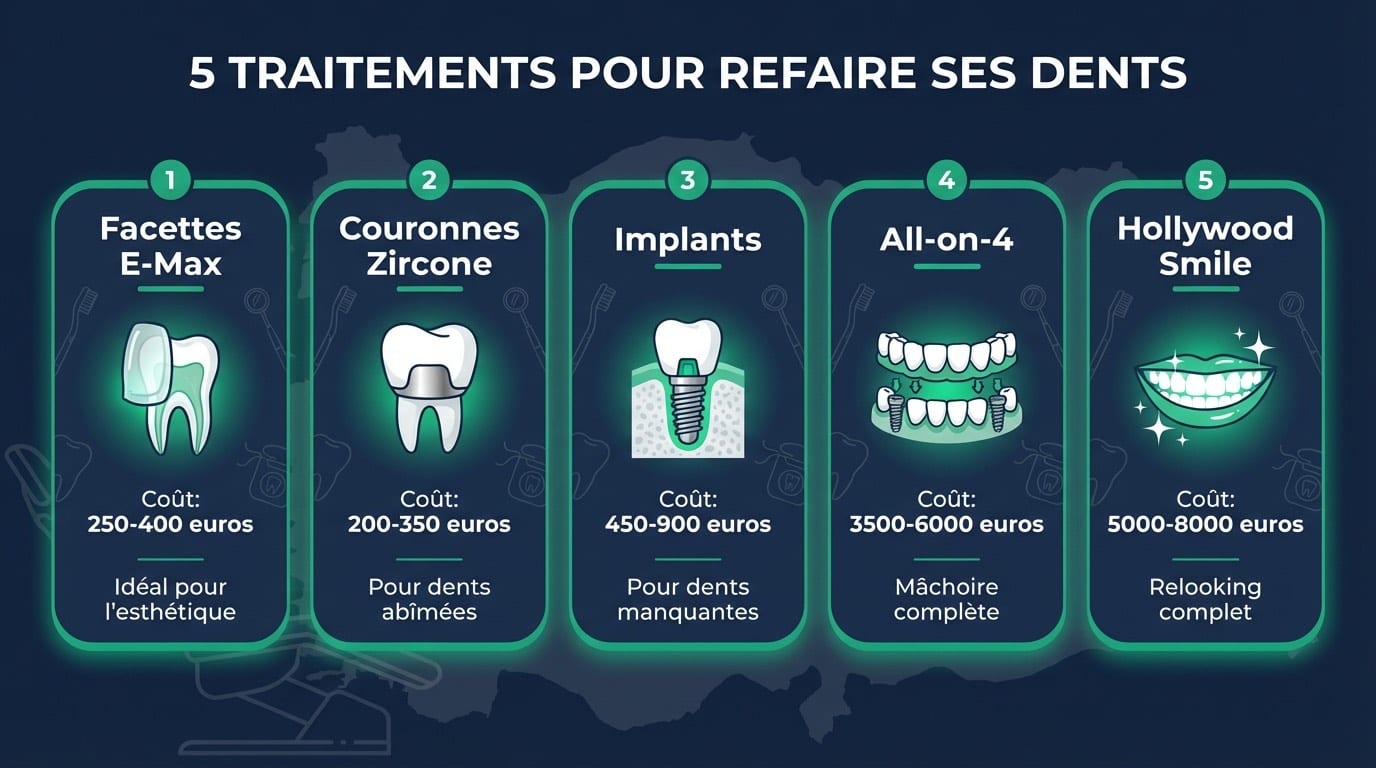 Infographie comparative de 5 traitements dentaires disponibles à Istanbul : facettes E-Max, couronnes zircone, implants dentaires, All-on-4, Hollywood Smile