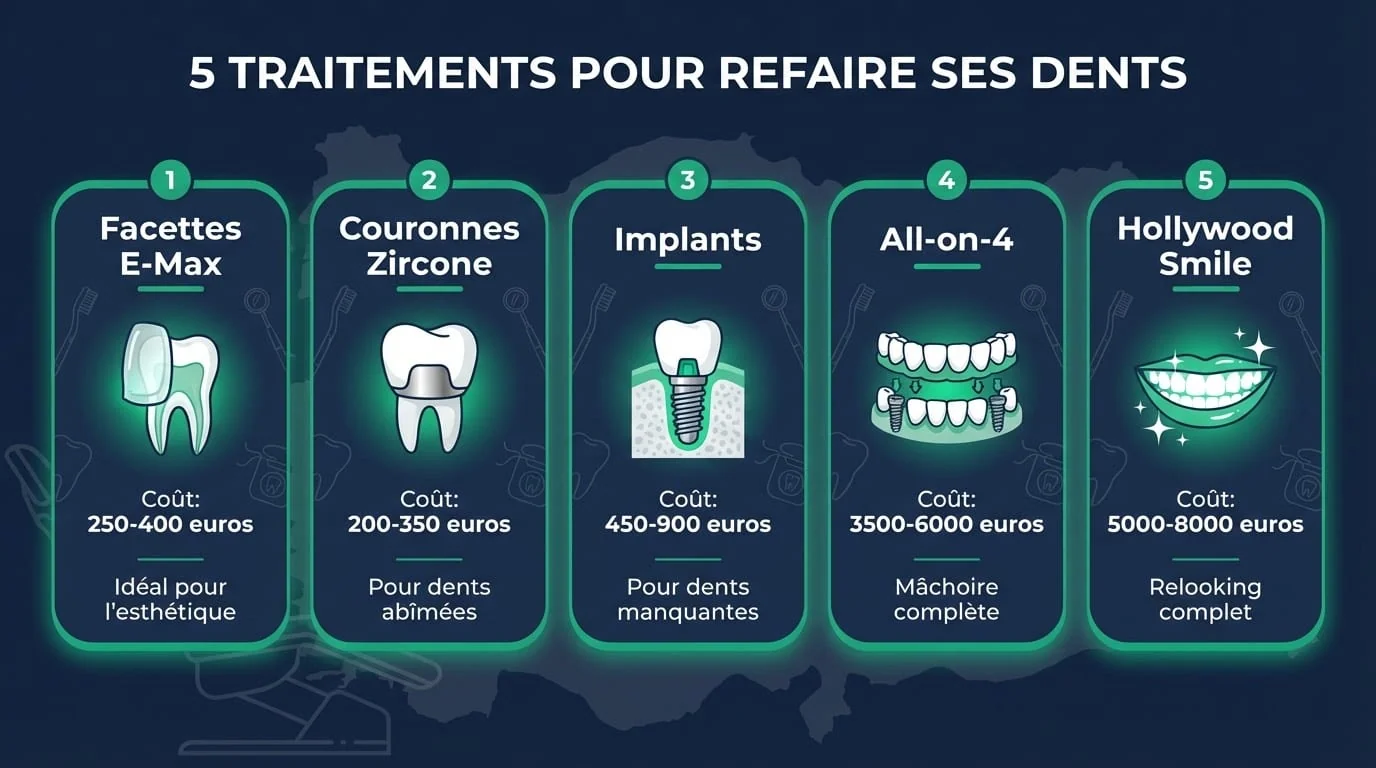 Infographie comparative de 5 traitements dentaires disponibles à Istanbul : facettes E-Max, couronnes zircone, implants dentaires, All-on-4, Hollywood Smile
