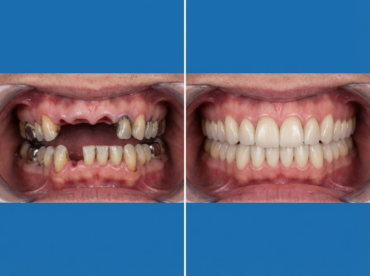 Résultat de réhabilitation dentaire complète : sourire transformé avec implants, couronnes zircone et facettes E-Max