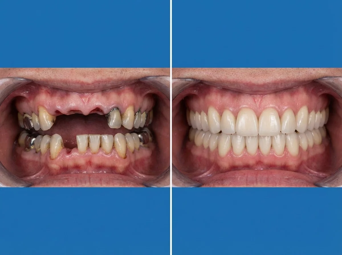 Résultat de réhabilitation dentaire complète : sourire transformé avec implants, couronnes zircone et facettes E-Max