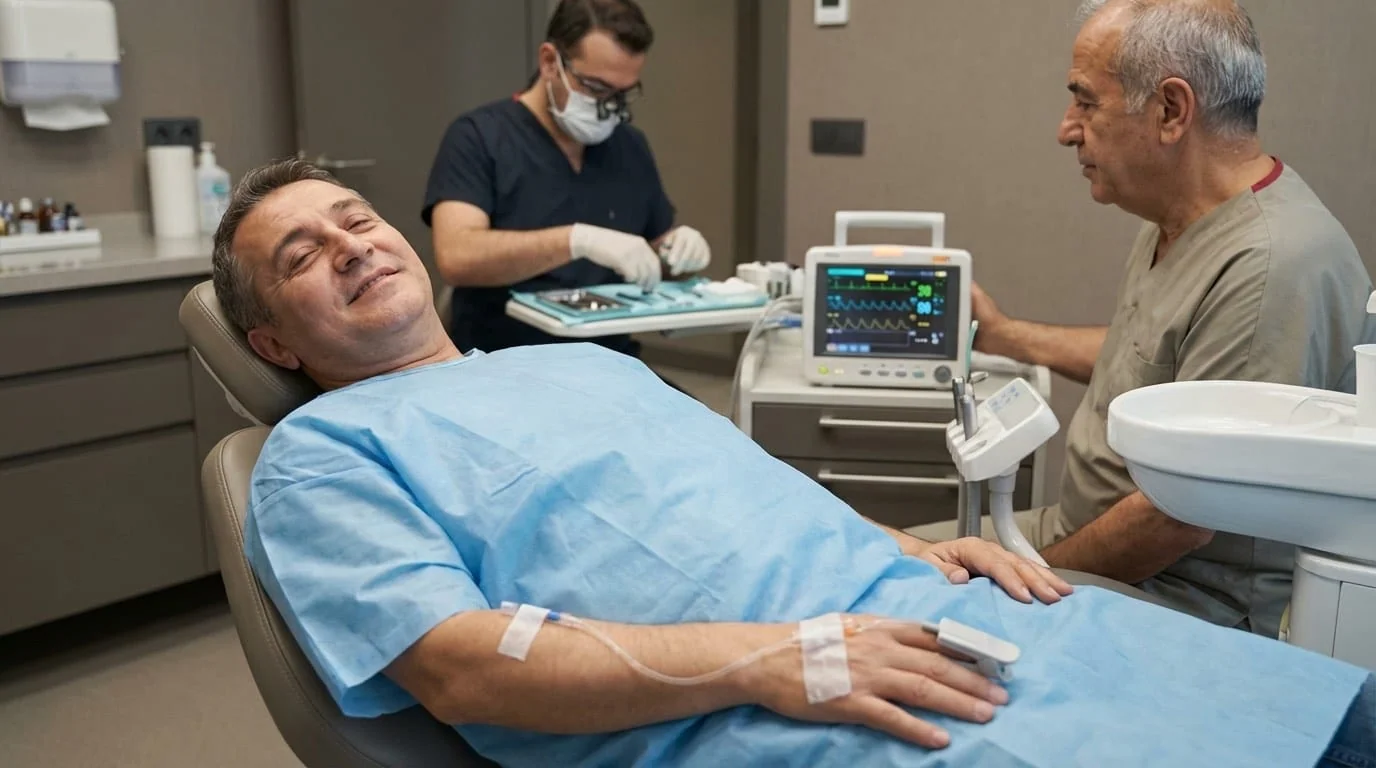 Sédation consciente au protoxyde d'azote (MEOPA) : patient détendu pendant soins dentaires à Istanbul